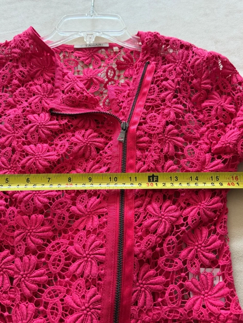 T Tahari Fuchsia Floral Lace Moto Jacket - size 2, Small